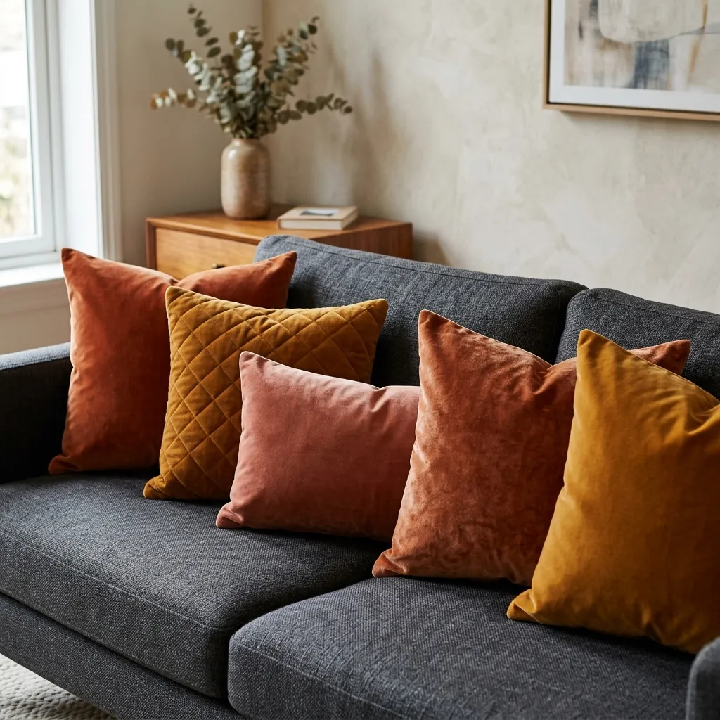 A collection of textured velvet throw pillows arranged neatly on a dark gray modern sofa.