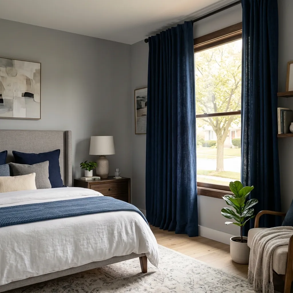 A bedroom window styled with thick navy blue draperies filtering out morning sunlight.