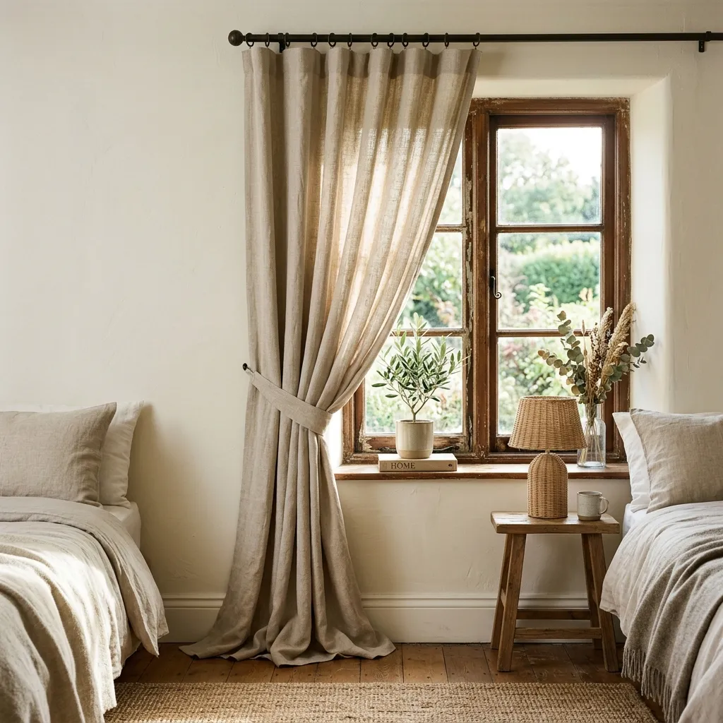 A beautifully draped custom linen curtain hanging next to a rustic window with natural light.
