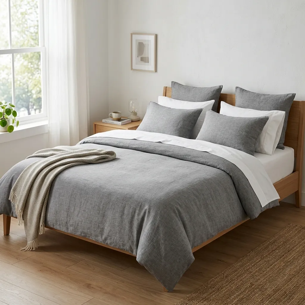 A cozy modern bed with a neat grey duvet cover and crisp white linens.