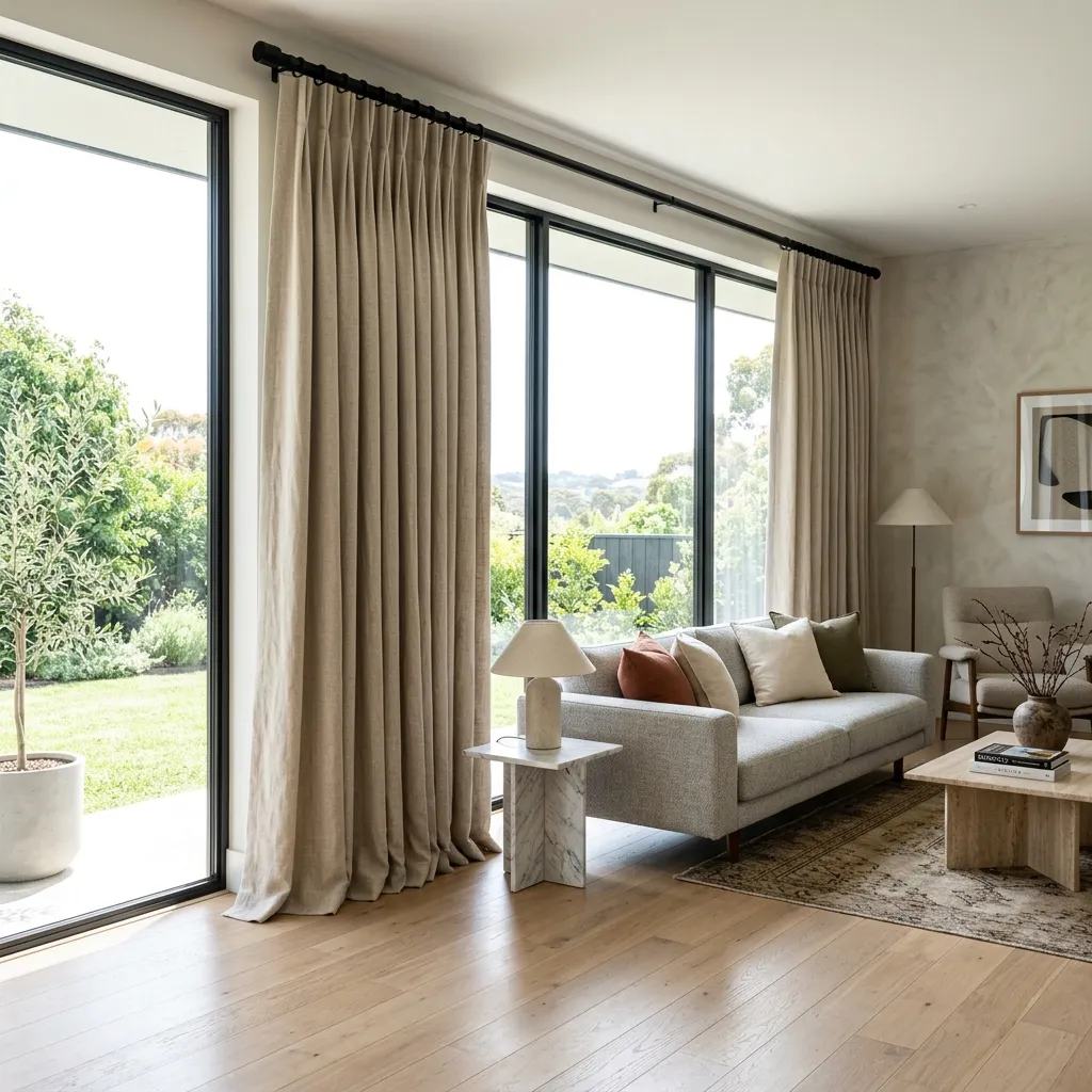 Stunning custom linen pinch pleat curtains hanging elegantly on a black metal rod in a sunlit modern living room.