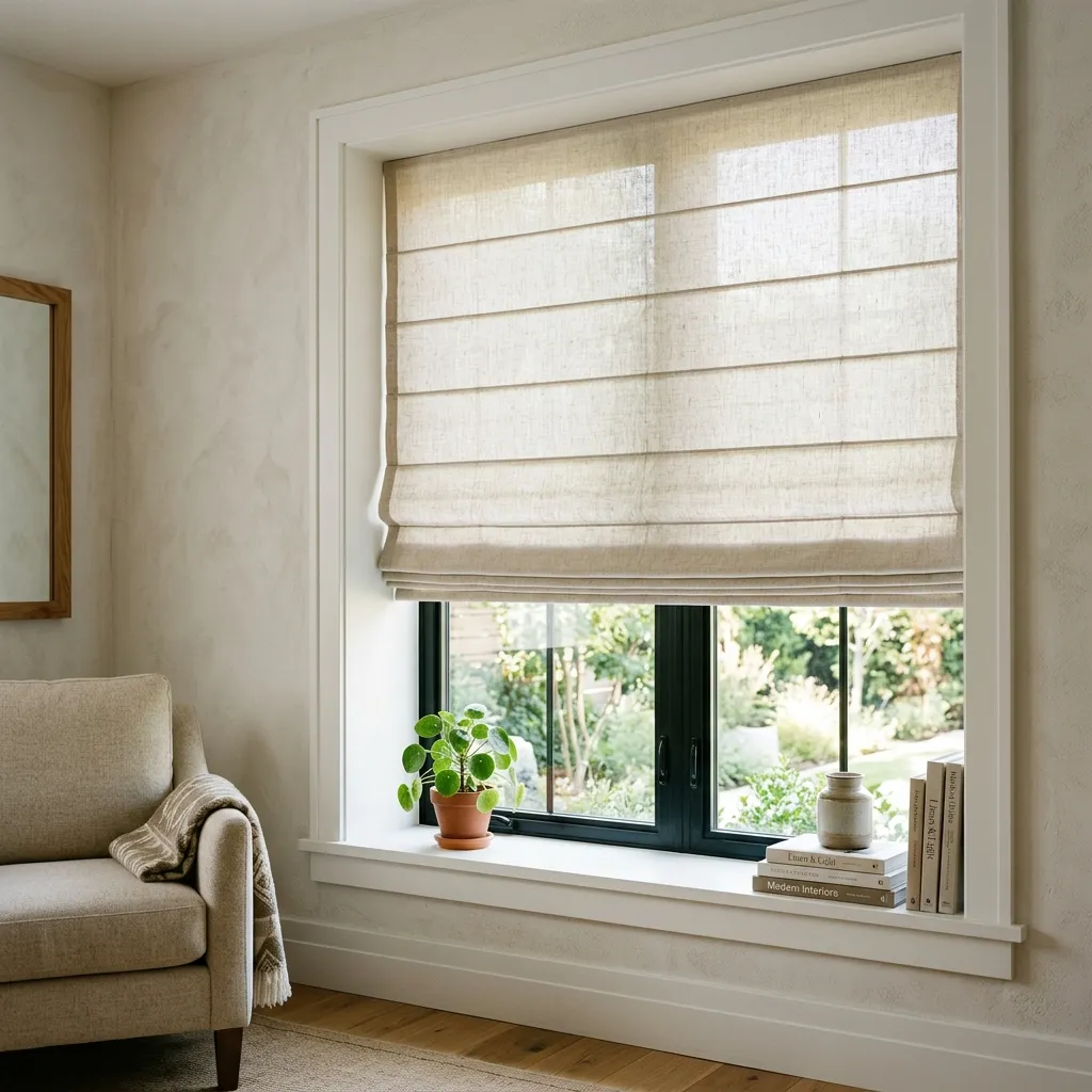 A beautifully sewn custom linen Roman shade hanging perfectly inside a window casing in a bright modern home.