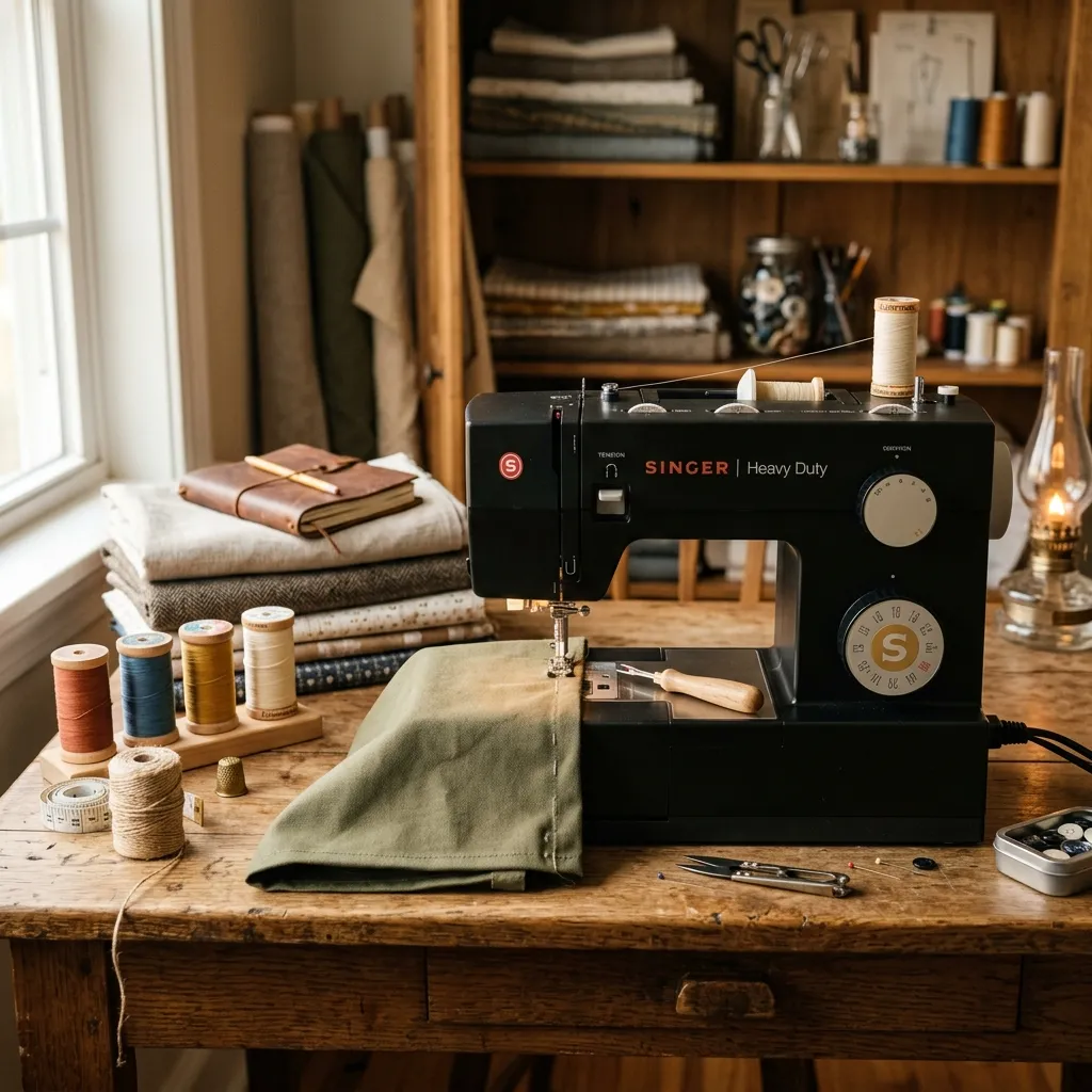 A vintage-style modern heavy-duty sewing machine sitting on a clean workspace.