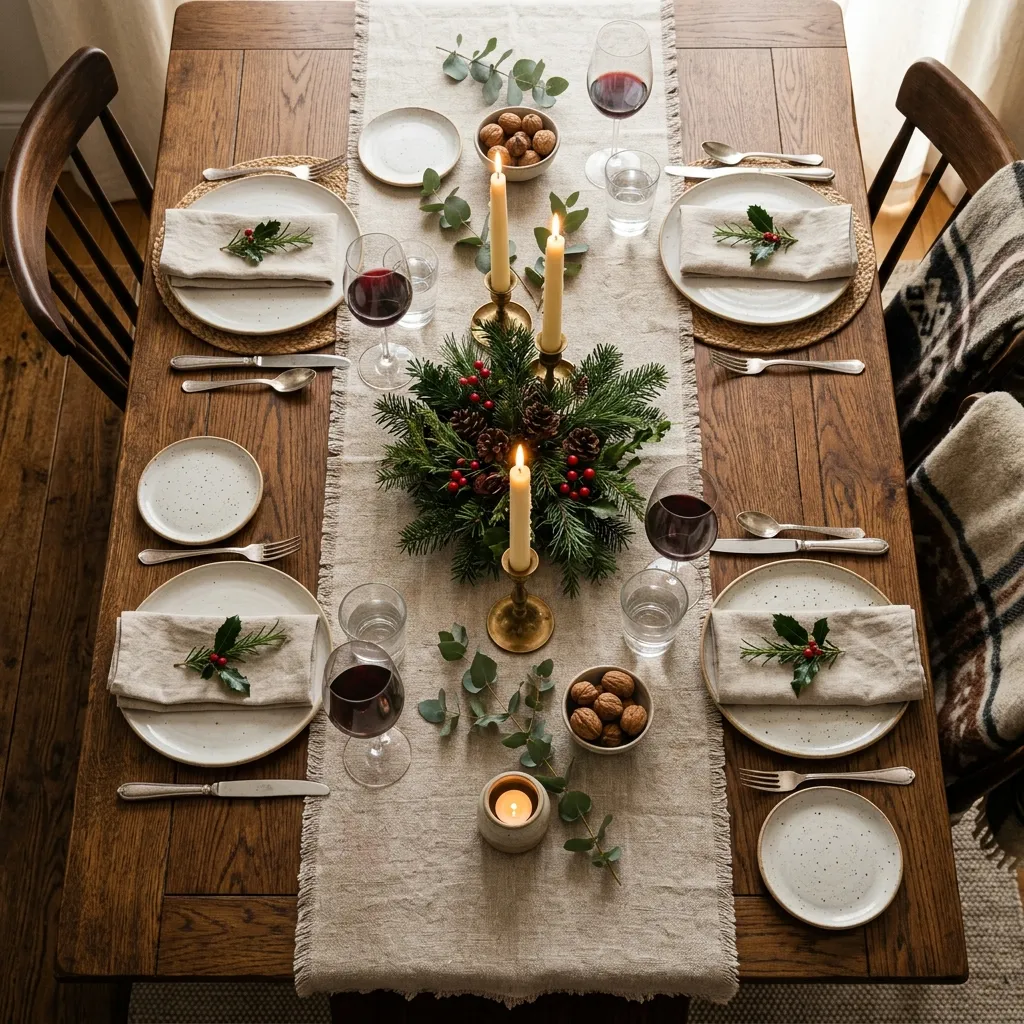 A festive dining table styled with a handmade linen table runner, candles, and holiday decor.